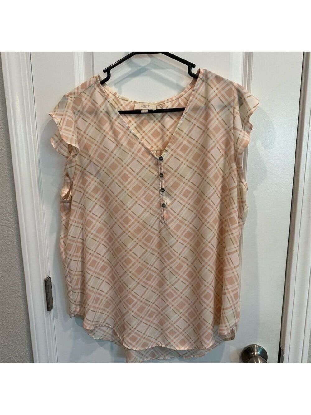 LOFT Outlet Women's Plaid V-Neck Flutter Sleeve Blouse Pink Size L